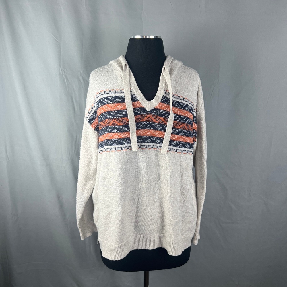 C & C California Hoodie Women Large Multicolor Baja Stripe Side Slit Ribbed Trim
